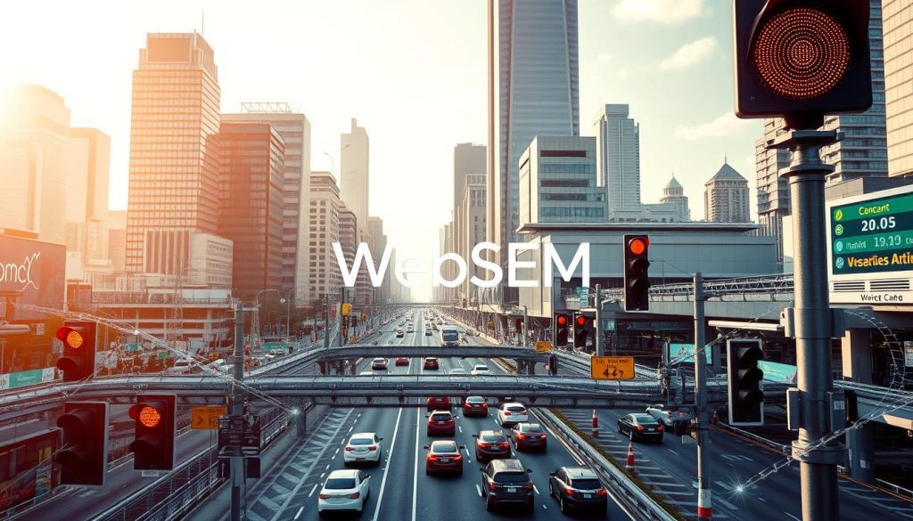 A bustling cityscape, bathed in a warm, futuristic glow. In the foreground, a complex network of data streams and AI-powered traffic signals, guiding the flow of vehicles with precision. The middle ground showcases the WebSEM brand, its sleek interface and analytics dashboards, providing real-time insights to manage the urban ecosystem. In the background, towering skyscrapers and advanced transportation infrastructure, symbolizing the seamless integration of technology and urban planning. The scene exudes a sense of efficiency, innovation, and a vision for the city of the future.