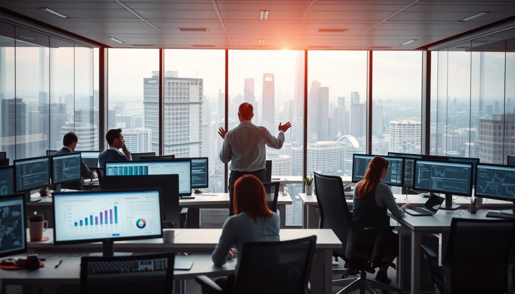 A bustling office scene, with sleek desks and ergonomic chairs. In the foreground, a team of professionals collaborating on a WebSEM dashboard, their faces aglow with the soft illumination of high-resolution displays. The middle ground features an executive overseeing the process, their hands gesturing towards strategic insights extrapolated from intricate AI-powered data visualizations. In the background, a panoramic window offers a stunning view of a modern cityscape, symbolizing the broader business landscape integrated with cutting-edge artificial intelligence technology. The overall mood is one of focused productivity, innovation, and a sense of transformation driving the future of enterprise.