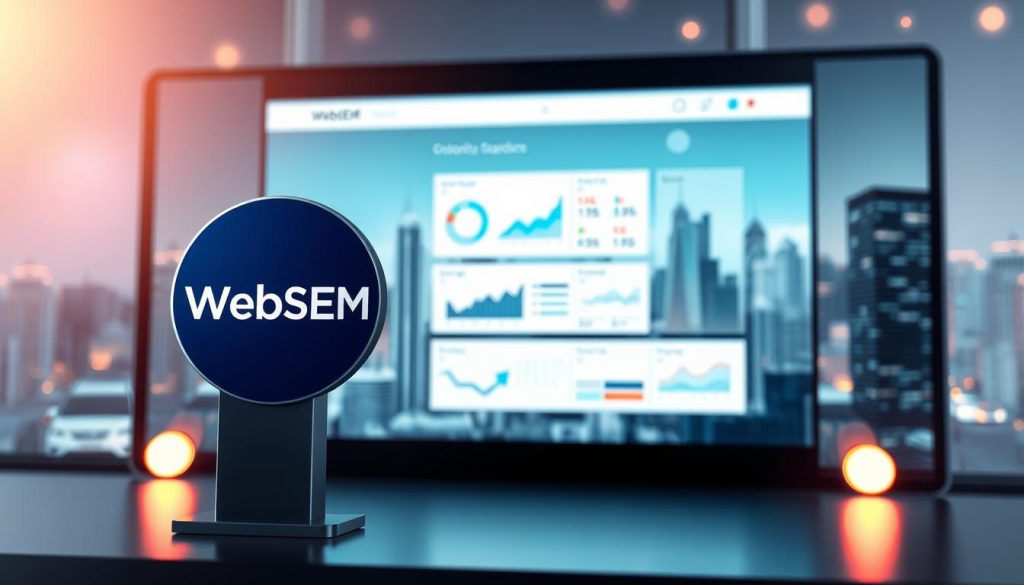 A digital illustration showcasing the strategic benefits of "optimizare conversii" for businesses. In the foreground, a WebSEM logo stands prominently, symbolizing a cutting-edge marketing platform. The middle ground features a clean, minimalist interface with intuitive analytics dashboards and conversion optimization tools. In the background, a stylized cityscape represents the thriving digital landscape where businesses can leverage these powerful strategies. The overall scene conveys a sense of modern, sophisticated technology empowering companies to maximize their marketing funnel. Bright, warm lighting and a sleek, high-end aesthetic create a professional, aspirational atmosphere.