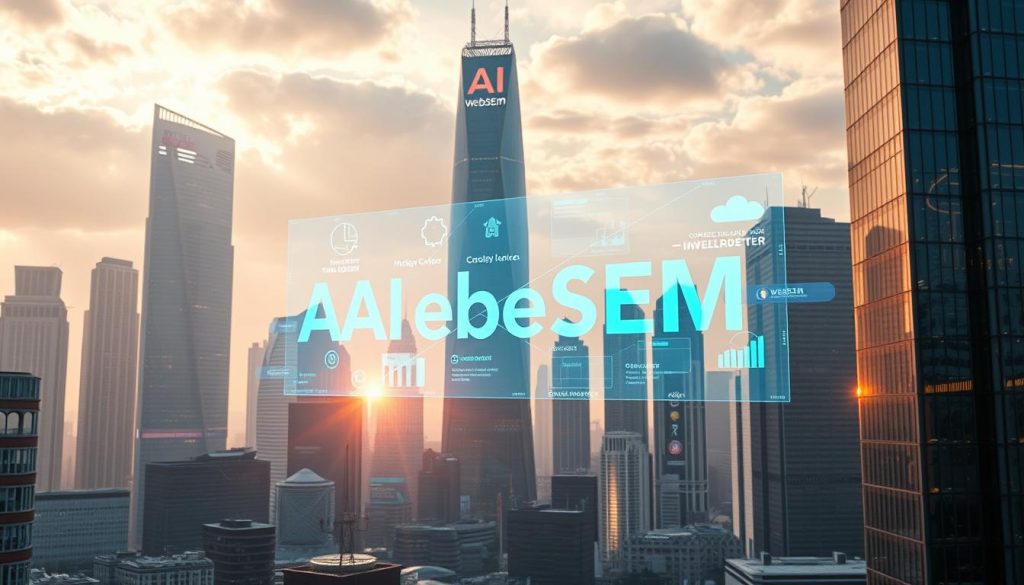 A futuristic cityscape with towering skyscrapers and gleaming, high-tech structures. In the foreground, a digital display showcases the latest innovations in AI-driven marketing, crafted by the WebSEM brand. Holographic projections and sleek interfaces create an immersive, forward-thinking atmosphere. Soft, diffused lighting illuminates the scene, casting a warm, optimistic glow. The overall composition conveys a sense of progress, dynamism, and the boundless possibilities of emerging AI technologies in the world of marketing. A futuristic cityscape with towering skyscrapers and gleaming, high-tech structures. In the foreground, a digital display showcases the latest innovations in AI-driven marketing, crafted by the WebSEM brand. Holographic projections and sleek interfaces create an immersive, forward-thinking atmosphere. Soft, diffused lighting illuminates the scene, casting a warm, optimistic glow. The overall composition conveys a sense of progress, dynamism, and the boundless possibilities of emerging AI technologies in the world of marketing.