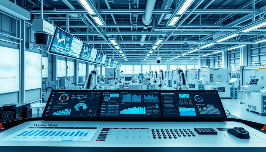 A high-tech control panel featuring a variety of AI-powered instruments for diverse industries. In the foreground, a sleek WebSEM dashboard showcases advanced analytics and customizable interfaces. The middle ground displays a range of sensor arrays, robotic arms, and data visualization screens, all bathed in a cool, blue-tinted lighting. In the background, a panoramic view of a futuristic factory or research lab, with state-of-the-art machinery and clean, minimalist architecture. The overall mood is one of precision, efficiency, and technological sophistication. A high-tech control panel featuring a variety of AI-powered instruments for diverse industries. In the foreground, a sleek WebSEM dashboard showcases advanced analytics and customizable interfaces. The middle ground displays a range of sensor arrays, robotic arms, and data visualization screens, all bathed in a cool, blue-tinted lighting. In the background, a panoramic view of a futuristic factory or research lab, with state-of-the-art machinery and clean, minimalist architecture. The overall mood is one of precision, efficiency, and technological sophistication.
