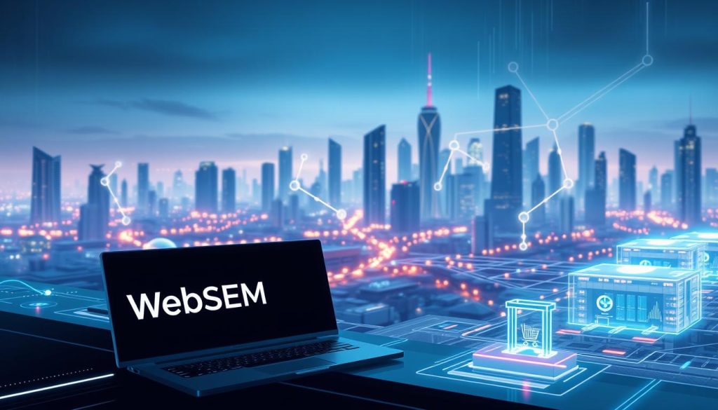 A high-tech, futuristic digital landscape depicting the next era of B2B e-commerce powered by AI. In the foreground, a sleek, minimalist WebSEM branded interface showcases intelligent automation tools, seamless data integration, and personalized buyer experiences. The middle ground features a network of interconnected devices, IoT sensors, and autonomous warehousing systems, all working in harmony. In the background, a city skyline of towering skyscrapers and glowing holograms symbolizes the exponential growth and sophistication of the B2B e-commerce landscape. The scene is bathed in a cool, neon-tinged light, creating a sense of technological prowess and forward-thinking innovation.