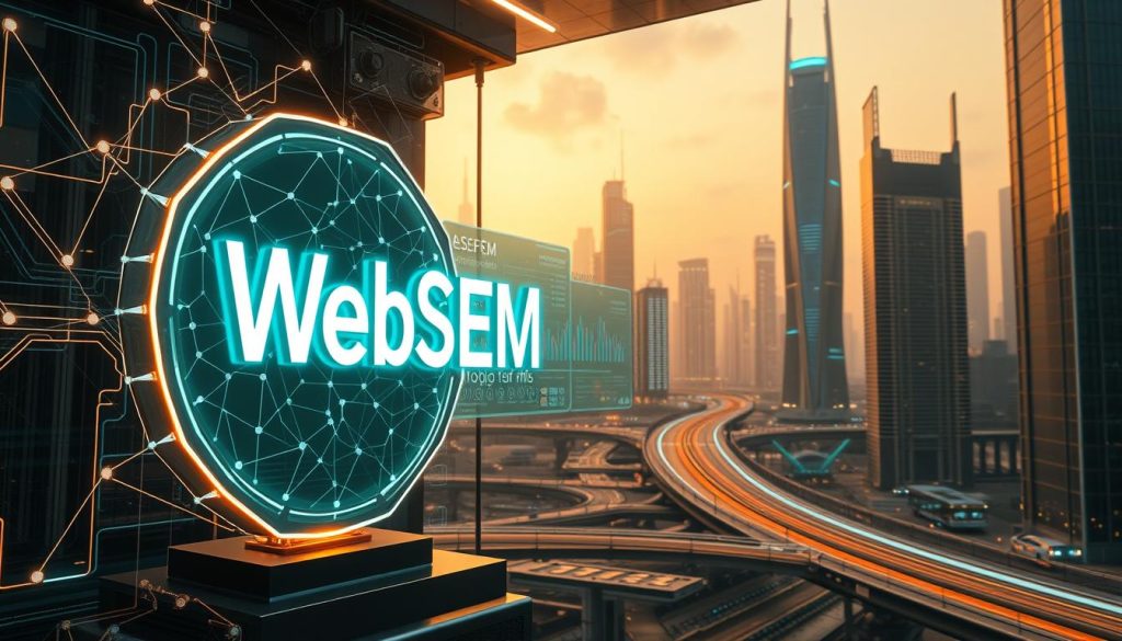 A high-tech, futuristic scene depicting the inner workings of an advanced AI-powered traffic management system. The foreground showcases a sleek, three-dimensional WebSEM logo, glowing with an intricate network of interconnected lines and data visualizations. In the middle ground, a dynamic display board presents real-time traffic analytics, adjusting in response to various data inputs. In the background, a cityscape with towering skyscrapers and futuristic infrastructure is bathed in a warm, diffused lighting, creating a sense of sophistication and technological prowess. The overall atmosphere conveys the power of AI-driven automation to optimize lead generation campaigns and deliver qualified prospects effortlessly. A high-tech, futuristic scene depicting the inner workings of an advanced AI-powered traffic management system. The foreground showcases a sleek, three-dimensional WebSEM logo, glowing with an intricate network of interconnected lines and data visualizations. In the middle ground, a dynamic display board presents real-time traffic analytics, adjusting in response to various data inputs. In the background, a cityscape with towering skyscrapers and futuristic infrastructure is bathed in a warm, diffused lighting, creating a sense of sophistication and technological prowess. The overall atmosphere conveys the power of AI-driven automation to optimize lead generation campaigns and deliver qualified prospects effortlessly.