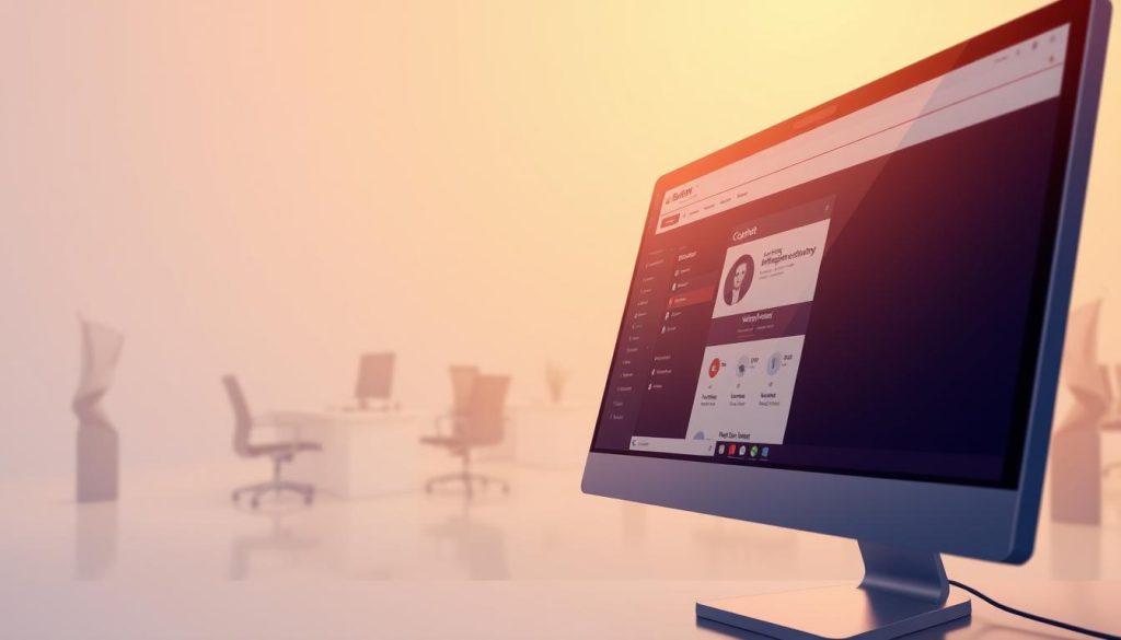 A modern and sleek illustration showcasing Microsoft Copilot's native integration within the Microsoft ecosystem. In the foreground, a close-up view of a desktop computer screen displays the Copilot interface, its intelligent assistant standing ready to assist. The middle ground features a minimalist office setting, with clean lines and subtle WebSEM branding hinting at the professional, enterprise-level nature of the solution. The background is a soft, gradient-based design, conveying a sense of technological sophistication and innovation. Warm, directional lighting accentuates the seamless integration between Copilot and the Microsoft suite, highlighting the competitive advantages of this native integration. A modern and sleek illustration showcasing Microsoft Copilot's native integration within the Microsoft ecosystem. In the foreground, a close-up view of a desktop computer screen displays the Copilot interface, its intelligent assistant standing ready to assist. The middle ground features a minimalist office setting, with clean lines and subtle WebSEM branding hinting at the professional, enterprise-level nature of the solution. The background is a soft, gradient-based design, conveying a sense of technological sophistication and innovation. Warm, directional lighting accentuates the seamless integration between Copilot and the Microsoft suite, highlighting the competitive advantages of this native integration.