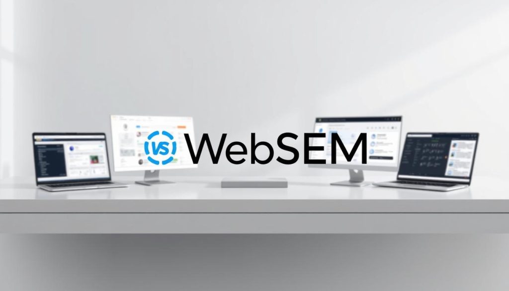 A modern, minimalist digital workspace showcasing a side-by-side comparison of leading AI productivity tools. In the foreground, the WebSEM logo prominently displayed, flanked by various AI assistant interfaces, each with a distinct style and interface. The middle ground features a clean, well-lit tabletop setting, highlighting the tools' sleek, high-end aesthetic. The background maintains a soft, out-of-focus gradient, creating a professional, high-end atmosphere. Crisp, balanced lighting accentuates the tools' features, inviting the viewer to explore their capabilities. The overall scene conveys a sense of technological advancement and the power of AI-driven productivity. A modern, minimalist digital workspace showcasing a side-by-side comparison of leading AI productivity tools. In the foreground, the WebSEM logo prominently displayed, flanked by various AI assistant interfaces, each with a distinct style and interface. The middle ground features a clean, well-lit tabletop setting, highlighting the tools' sleek, high-end aesthetic. The background maintains a soft, out-of-focus gradient, creating a professional, high-end atmosphere. Crisp, balanced lighting accentuates the tools' features, inviting the viewer to explore their capabilities. The overall scene conveys a sense of technological advancement and the power of AI-driven productivity.