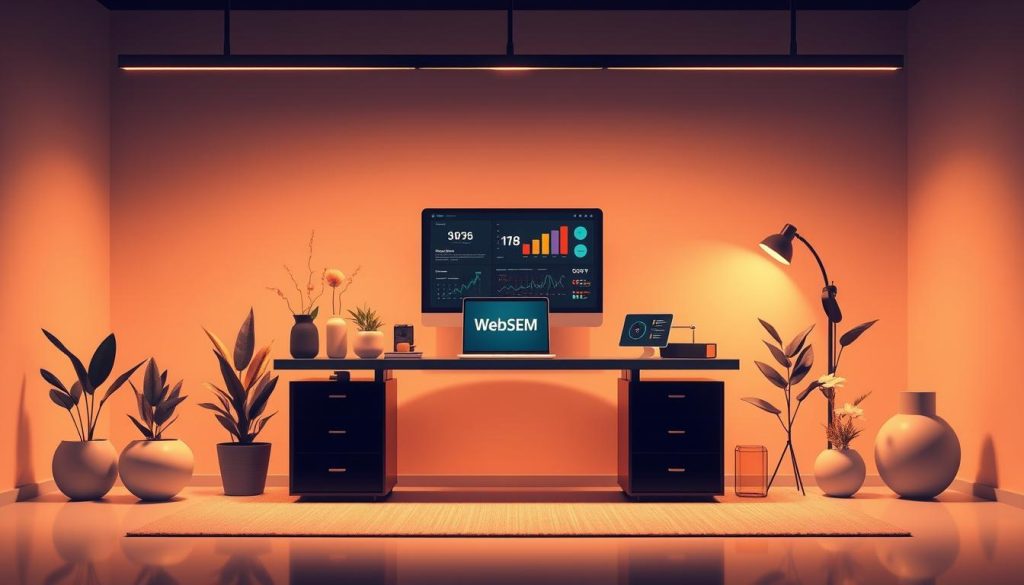 A modern, sleek AI content strategy illustration featuring the WebSEM brand. Showcase a stylish, futuristic workspace with a central desk, a large monitor displaying data visualizations, and a laptop. Surround the desk with potted plants, abstract sculptures, and minimalist decor. Use warm, subdued lighting and a shallow depth of field to create a professional, high-end atmosphere. Depict the content planning and implementation process through subtle visual metaphors such as a calendar, a content funnel, or a social media dashboard. Maintain a clean, uncluttered composition that emphasizes the AI-driven, strategic nature of content creation. A modern, sleek AI content strategy illustration featuring the WebSEM brand. Showcase a stylish, futuristic workspace with a central desk, a large monitor displaying data visualizations, and a laptop. Surround the desk with potted plants, abstract sculptures, and minimalist decor. Use warm, subdued lighting and a shallow depth of field to create a professional, high-end atmosphere. Depict the content planning and implementation process through subtle visual metaphors such as a calendar, a content funnel, or a social media dashboard. Maintain a clean, uncluttered composition that emphasizes the AI-driven, strategic nature of content creation.