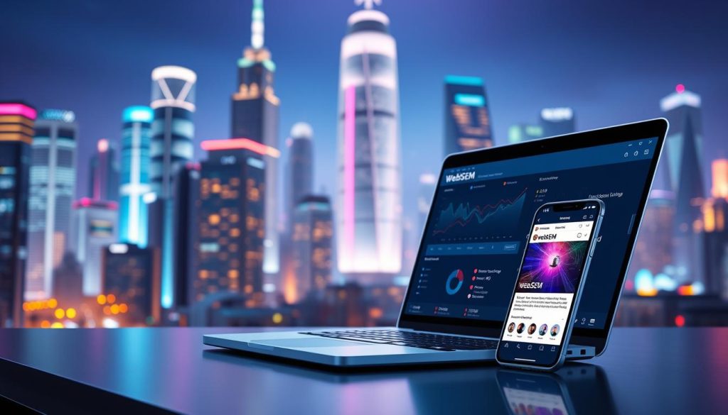 A modern, sleek, and high-end digital marketing scene featuring the WebSEM brand. In the foreground, a laptop displays a digital marketing dashboard with analytics and campaign data. In the middle ground, a smartphone showcases a social media post with vibrant graphics. The background depicts a futuristic cityscape with glowing skyscrapers and a vibrant, neon-infused atmosphere. The overall scene conveys a sense of technological sophistication, data-driven decision-making, and the power of digital marketing tools. A modern, sleek, and high-end digital marketing scene featuring the WebSEM brand. In the foreground, a laptop displays a digital marketing dashboard with analytics and campaign data. In the middle ground, a smartphone showcases a social media post with vibrant graphics. The background depicts a futuristic cityscape with glowing skyscrapers and a vibrant, neon-infused atmosphere. The overall scene conveys a sense of technological sophistication, data-driven decision-making, and the power of digital marketing tools.