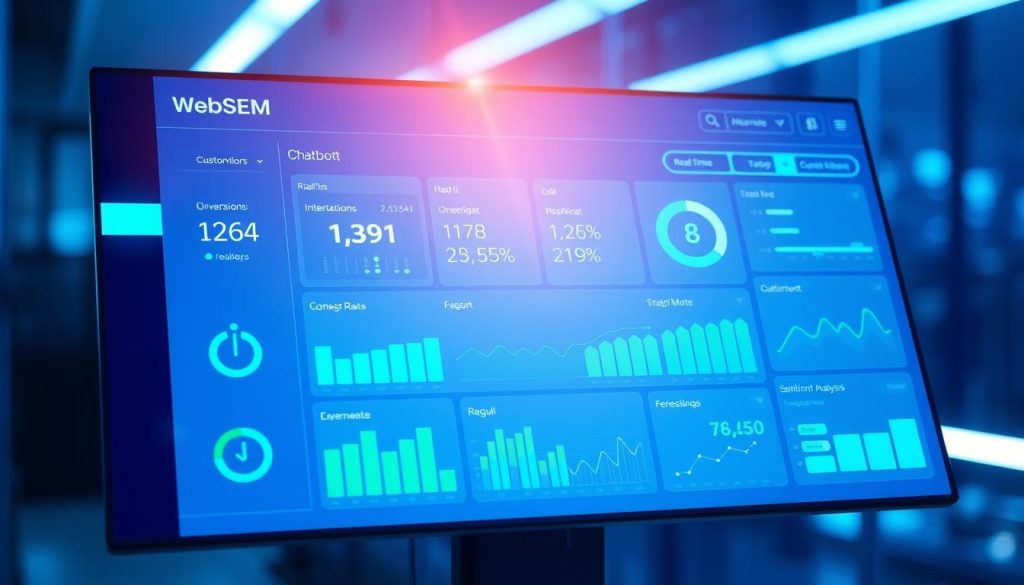 A modern, sleek dashboard displaying key performance metrics for an AI-powered chatbot, created for the WebSEM brand. A vibrant, minimalist design with clean typography and intuitive data visualizations. Glowing hues of blues and greens illuminate the screen, with a subtle depth of field effect. The interface showcases real-time statistics on customer interactions, conversion rates, sentiment analysis, and other insightful analytics, all contributing to the optimization of the AI chatbot's performance. The scene exudes a professional, high-end aesthetic, reflecting the advanced capabilities of the WebSEM chatbot solution.