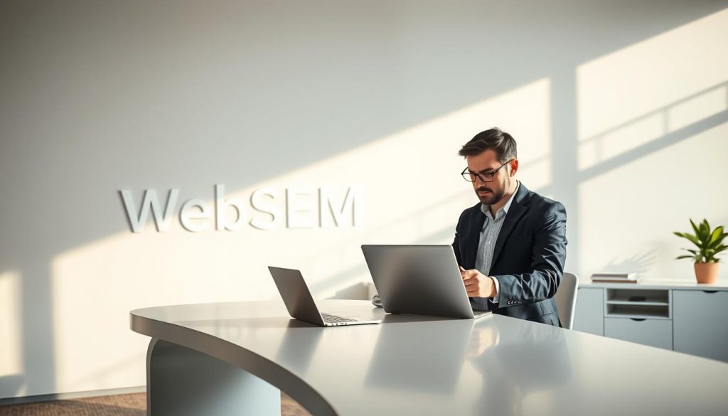 A modern, sleek office setting with a large, curved display on a minimalist desk. In the foreground, a well-dressed professional uses a laptop, deep in concentration as they collaborate with a virtual assistant, represented by a subtle, glowing holographic interface. Soft, directional lighting casts dynamic shadows, conveying a sense of focus and productivity. The background features the WebSEM logo, hinting at the advanced AI-powered content creation tools used by the professional. The overall scene exudes a sense of technological sophistication and seamless human-AI collaboration. A modern, sleek office setting with a large, curved display on a minimalist desk. In the foreground, a well-dressed professional uses a laptop, deep in concentration as they collaborate with a virtual assistant, represented by a subtle, glowing holographic interface. Soft, directional lighting casts dynamic shadows, conveying a sense of focus and productivity. The background features the WebSEM logo, hinting at the advanced AI-powered content creation tools used by the professional. The overall scene exudes a sense of technological sophistication and seamless human-AI collaboration.