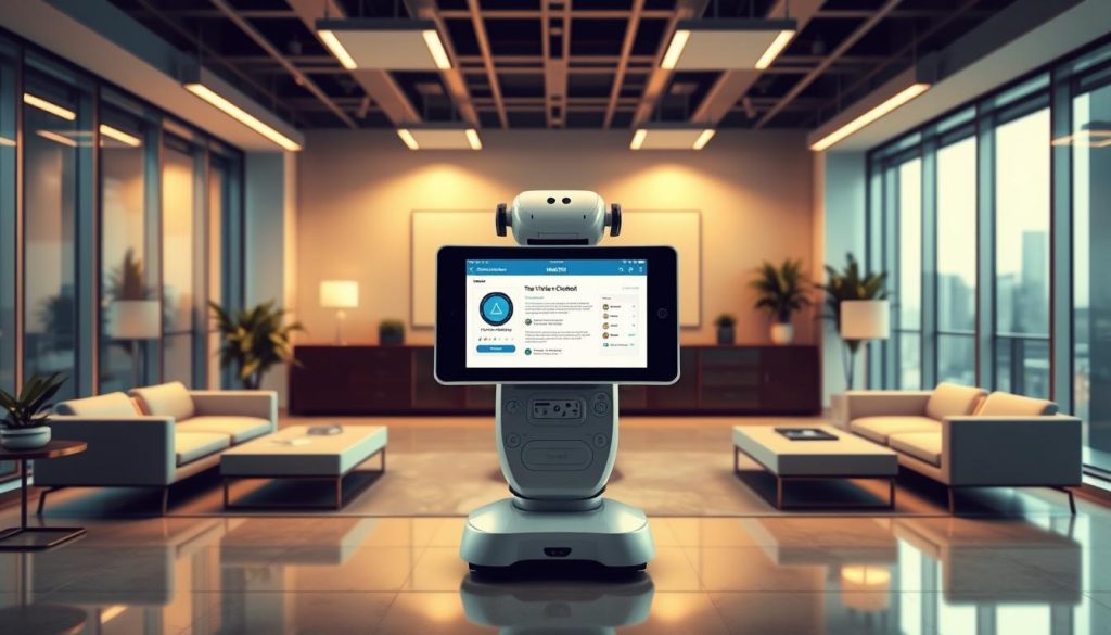 A modern, sleek workspace with a powerful WebSEM chatbot AI system prominently displayed. The chatbot's interface features intuitive controls and customizable branding, positioned at the center of the frame. Surrounding the chatbot are elegant office furnishings, warm lighting, and a minimalist, high-end aesthetic. The overall scene conveys a sense of professionalism, efficiency, and the cutting-edge capabilities of the AI-powered ecommerce solution.