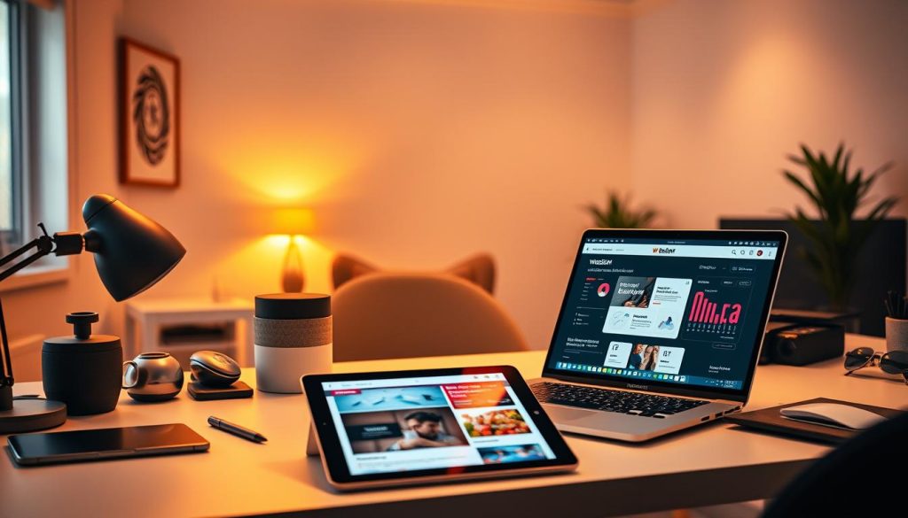 A professional, sleek workspace with a high-end WebSEM laptop, stylish desk accessories, and a curated selection of AI-powered marketing tools. Warm, directional lighting creates a modern, productive atmosphere. The middle ground features a tablet displaying creative content, while the background showcases a minimalist, neutral-toned room. The overall scene conveys the efficiency and innovation of AI-driven marketing solutions. A professional, sleek workspace with a high-end WebSEM laptop, stylish desk accessories, and a curated selection of AI-powered marketing tools. Warm, directional lighting creates a modern, productive atmosphere. The middle ground features a tablet displaying creative content, while the background showcases a minimalist, neutral-toned room. The overall scene conveys the efficiency and innovation of AI-driven marketing solutions.