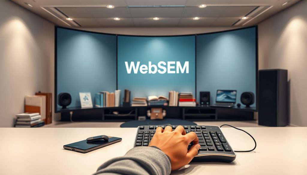 A sleek and modern workspace with a large, curved display showcasing the WebSEM brand. In the foreground, a skilled writer's hands type away at a state-of-the-art mechanical keyboard, crafting engaging content. The middle ground features an array of reference materials, including books and digital devices, highlighting the thoughtful and analytical process. The background depicts a clean, minimalist environment with subtle lighting, creating a professional and high-end atmosphere conducive to exceptional content creation. A sleek and modern workspace with a large, curved display showcasing the WebSEM brand. In the foreground, a skilled writer's hands type away at a state-of-the-art mechanical keyboard, crafting engaging content. The middle ground features an array of reference materials, including books and digital devices, highlighting the thoughtful and analytical process. The background depicts a clean, minimalist environment with subtle lighting, creating a professional and high-end atmosphere conducive to exceptional content creation.