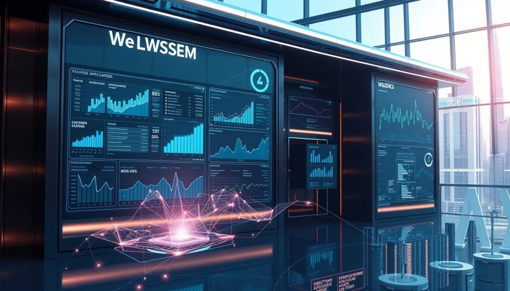 A sleek, futuristic data visualization hub with a sophisticated WebSEM interface. Towering digital displays showcase dynamic analytics dashboards, infographics, and visualizations. Ambient lighting bathes the scene in a cool, technological glow. Minimalist geometric forms and clean lines convey a sense of advanced, cutting-edge analytics capabilities. In the foreground, a holographic projection flickers with intricate data patterns, while the background features a cityscape of gleaming skyscrapers. The overall aesthetic is one of modern, high-end digital sophistication befitting the cutting-edge "Tehnologii de analiză digitală avansată". A sleek, futuristic data visualization hub with a sophisticated WebSEM interface. Towering digital displays showcase dynamic analytics dashboards, infographics, and visualizations. Ambient lighting bathes the scene in a cool, technological glow. Minimalist geometric forms and clean lines convey a sense of advanced, cutting-edge analytics capabilities. In the foreground, a holographic projection flickers with intricate data patterns, while the background features a cityscape of gleaming skyscrapers. The overall aesthetic is one of modern, high-end digital sophistication befitting the cutting-edge "Tehnologii de analiză digitală avansată".