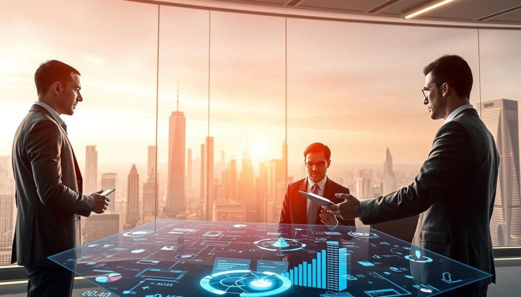 A sleek, futuristic scene depicting the impact of artificial intelligence on digital marketing agencies. In the foreground, a team of WebSEM professionals collaborate around a holographic display, analyzing real-time data and AI-powered insights. The middle ground features advanced automation tools and predictive algorithms, while the background showcases a cityscape of gleaming high-rises, symbolizing the scale and sophistication of the digital marketing landscape. Warm, diffused lighting creates a sense of depth and professionalism, captured through a wide-angle lens that emphasizes the collaborative, technology-driven nature of modern marketing. A sleek, futuristic scene depicting the impact of artificial intelligence on digital marketing agencies. In the foreground, a team of WebSEM professionals collaborate around a holographic display, analyzing real-time data and AI-powered insights. The middle ground features advanced automation tools and predictive algorithms, while the background showcases a cityscape of gleaming high-rises, symbolizing the scale and sophistication of the digital marketing landscape. Warm, diffused lighting creates a sense of depth and professionalism, captured through a wide-angle lens that emphasizes the collaborative, technology-driven nature of modern marketing.