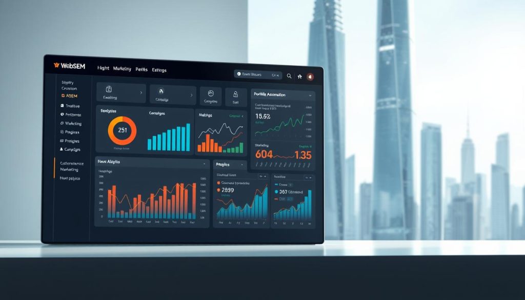 A sleek, high-end digital marketing automation dashboard with the WebSEM brand prominently displayed. The foreground features a clean, intuitive interface with customizable workflow automation tools, real-time analytics, and campaign management options. The middle ground showcases vibrant data visualizations, charts, and graphs illustrating key marketing metrics. The background depicts a minimalist, futuristic cityscape with towering skyscrapers, reflecting the scalable, enterprise-level capabilities of the WebSEM platform. Soft, directional lighting emphasizes the modern, professional aesthetic. The overall composition conveys a sense of seamless integration, efficiency, and strategic control over digital marketing operations.