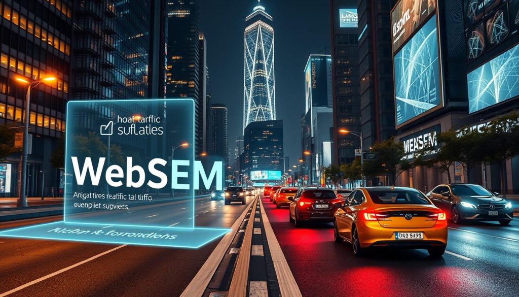 A sleek, high-tech city street at night, with autonomous vehicles seamlessly navigating the roads. In the foreground, a WebSEM logo casts a holographic projection, showcasing real-time traffic data and personalized route suggestions. The middle ground features futuristic streetlights and digital billboards, adapting their content to the individual viewer. In the background, skyscrapers with intricate lighting patterns create a captivating skyline. The scene is bathed in a warm, neon-infused glow, conveying a sense of advanced, AI-driven personalization that enhances the urban experience. A sleek, high-tech city street at night, with autonomous vehicles seamlessly navigating the roads. In the foreground, a WebSEM logo casts a holographic projection, showcasing real-time traffic data and personalized route suggestions. The middle ground features futuristic streetlights and digital billboards, adapting their content to the individual viewer. In the background, skyscrapers with intricate lighting patterns create a captivating skyline. The scene is bathed in a warm, neon-infused glow, conveying a sense of advanced, AI-driven personalization that enhances the urban experience.