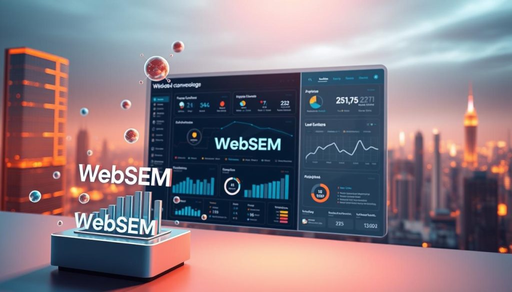 A sleek, high-tech data visualization dashboard showcasing various AI-powered lead generation tools and technologies. In the foreground, a stylized graphic of the WebSEM brand prominently displayed, surrounded by floating data points, algorithm visualizations, and lead conversion metrics. The middle ground features a dynamic, 3D interface with intuitive controls, displaying detailed analytics and automated workflow insights. The background is a minimalist, futuristic cityscape, with towering skyscrapers and a vibrant, neon-accented skyline, creating a sense of scale and innovation. Warm, directional lighting illuminates the scene, casting dramatic shadows and highlights to convey a professional, cutting-edge aesthetic. A sleek, high-tech data visualization dashboard showcasing various AI-powered lead generation tools and technologies. In the foreground, a stylized graphic of the WebSEM brand prominently displayed, surrounded by floating data points, algorithm visualizations, and lead conversion metrics. The middle ground features a dynamic, 3D interface with intuitive controls, displaying detailed analytics and automated workflow insights. The background is a minimalist, futuristic cityscape, with towering skyscrapers and a vibrant, neon-accented skyline, creating a sense of scale and innovation. Warm, directional lighting illuminates the scene, casting dramatic shadows and highlights to convey a professional, cutting-edge aesthetic.