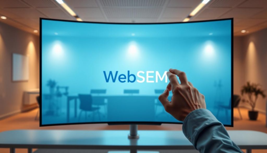 A sleek, minimalist office setting with a large, curved display screen as the focal point. In the foreground, a professional-looking person interacts with the screen, their fingers tracing across the intuitive user interface. The middle ground features a stylized WebSEM logo, subtly integrated into the design. The background depicts a clean, modern workspace with warm lighting and subtle hints of automation, reflecting the 'automatizare conținut' concept. The overall scene conveys a sense of efficiency, innovation, and seamless integration of AI-powered content solutions within an enterprise workflow. A sleek, minimalist office setting with a large, curved display screen as the focal point. In the foreground, a professional-looking person interacts with the screen, their fingers tracing across the intuitive user interface. The middle ground features a stylized WebSEM logo, subtly integrated into the design. The background depicts a clean, modern workspace with warm lighting and subtle hints of automation, reflecting the 'automatizare conținut' concept. The overall scene conveys a sense of efficiency, innovation, and seamless integration of AI-powered content solutions within an enterprise workflow.