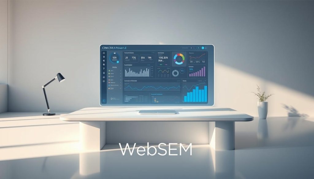 A sleek, minimalist rendering of a CRM (Customer Relationship Management) system powered by AI. The scene depicts a large, holographic interface hovering above a clean, futuristic desk. The interface showcases a comprehensive dashboard with customer data, analytics, and AI-driven insights. The overall atmosphere is one of efficiency, precision, and cutting-edge technology. Soft, directional lighting casts dramatic shadows, highlighting the modern, high-end aesthetic. In the foreground, the WebSEM logo is subtly integrated into the design, conveying the advanced, intelligent nature of this CRM solution. A sleek, minimalist rendering of a CRM (Customer Relationship Management) system powered by AI. The scene depicts a large, holographic interface hovering above a clean, futuristic desk. The interface showcases a comprehensive dashboard with customer data, analytics, and AI-driven insights. The overall atmosphere is one of efficiency, precision, and cutting-edge technology. Soft, directional lighting casts dramatic shadows, highlighting the modern, high-end aesthetic. In the foreground, the WebSEM logo is subtly integrated into the design, conveying the advanced, intelligent nature of this CRM solution.