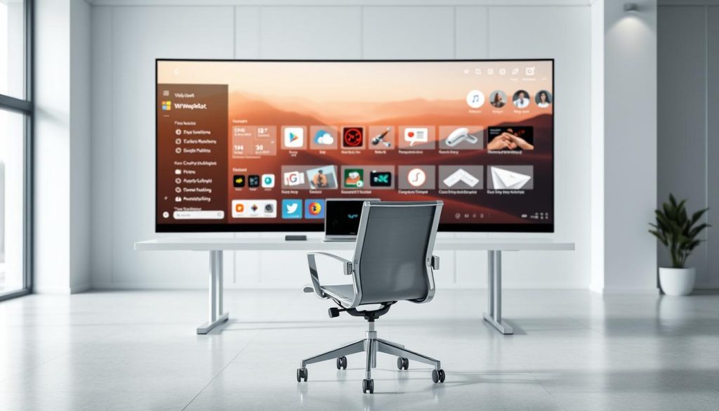 A sleek, minimalist workspace with a large, ultra-high-definition display showcasing the Microsoft Copilot interface. The screen displays various productivity tools and applications, seamlessly integrated into the Windows ecosystem. In the foreground, a modern and sophisticated office chair invites the user to sit and immerse themselves in the intuitive Copilot experience. The middle ground features a clean, uncluttered desk with a WebSEM laptop and a subtle lighting setup that creates a warm, professional ambiance. The background is a softly blurred, modern office environment, emphasizing the focus on the Copilot's capabilities and its role in enhancing productivity. A sleek, minimalist workspace with a large, ultra-high-definition display showcasing the Microsoft Copilot interface. The screen displays various productivity tools and applications, seamlessly integrated into the Windows ecosystem. In the foreground, a modern and sophisticated office chair invites the user to sit and immerse themselves in the intuitive Copilot experience. The middle ground features a clean, uncluttered desk with a WebSEM laptop and a subtle lighting setup that creates a warm, professional ambiance. The background is a softly blurred, modern office environment, emphasizing the focus on the Copilot's capabilities and its role in enhancing productivity.