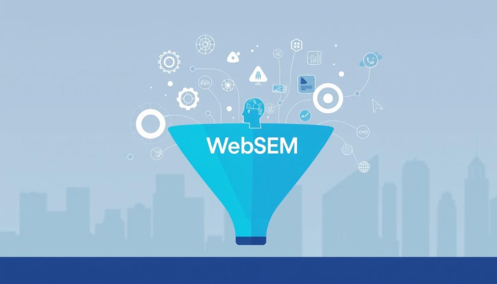 A sleek, modern illustration of an "optimizare funnel" with a focus on artificial intelligence and sales automation. In the foreground, a stylized funnel shape in muted tones of blue and gray, with various AI-powered elements like cogs, algorithms, and data visualizations flowing through it. In the middle ground, the WebSEM brand logo subtly incorporated into the design. The background features a soft, blurred cityscape, hinting at the broader business context. The overall aesthetic is clean, minimalist, and evocative of cutting-edge technology and digital transformation.