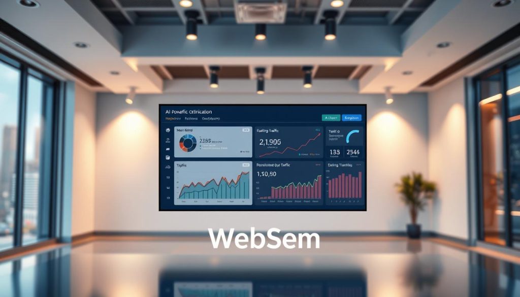 A sleek, modern office interior with a prominent AI-powered traffic optimization dashboard at the center. Soft, warm lighting from overhead spotlights illuminates the clean, minimalist workspace. In the foreground, a WebSEM logo is subtly integrated into the design. The dashboard displays real-time traffic data and automated optimization recommendations, reflecting the efficiency and technological prowess of the subject matter. The background features blurred city skyline elements, hinting at the broader urban context. Overall, the image conveys a sense of advanced, data-driven traffic management, seamlessly blending cutting-edge AI with a visually striking, professional aesthetic. A sleek, modern office interior with a prominent AI-powered traffic optimization dashboard at the center. Soft, warm lighting from overhead spotlights illuminates the clean, minimalist workspace. In the foreground, a WebSEM logo is subtly integrated into the design. The dashboard displays real-time traffic data and automated optimization recommendations, reflecting the efficiency and technological prowess of the subject matter. The background features blurred city skyline elements, hinting at the broader urban context. Overall, the image conveys a sense of advanced, data-driven traffic management, seamlessly blending cutting-edge AI with a visually striking, professional aesthetic.