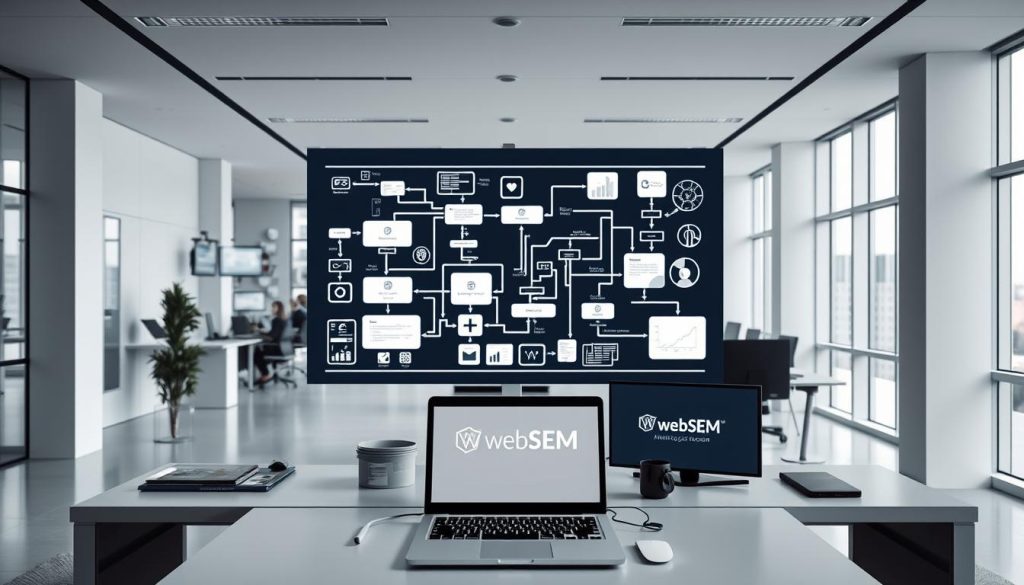 A sleek, modern office interior with clean lines and minimalist design. In the foreground, various digital devices and screens display a complex system of automated marketing workflows, represented by flowing diagrams and data visualizations. The middle ground features a large desk with a laptop displaying the WebSEM brand logo, surrounded by office accessories. The background showcases floor-to-ceiling windows providing ample natural lighting, creating an atmosphere of efficiency and professionalism. The overall scene conveys a sense of order, control, and the seamless integration of advanced marketing automation technologies.