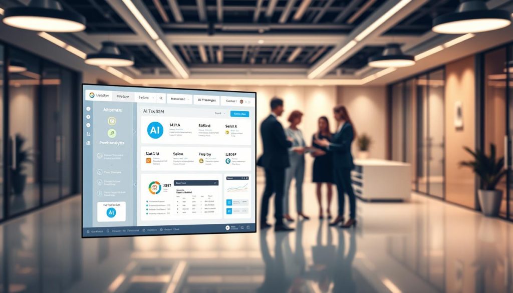 A sleek, modern office setting with a focus on integrating AI into the CRM system. In the foreground, a well-designed user interface showcases the seamless integration of AI-powered features, such as customer data analysis, predictive analytics, and automated task management. The middle ground features a team of professionals collaborating, surrounded by WebSEM branding and design elements that convey a sense of professionalism and innovation. The background is a warm, minimalist environment with clean lines and sophisticated lighting, creating an atmosphere of high-end, cutting-edge technology. The overall image should inspire confidence in the implementation of an intelligent CRM system, reflecting the subject matter and section title. A sleek, modern office setting with a focus on integrating AI into the CRM system. In the foreground, a well-designed user interface showcases the seamless integration of AI-powered features, such as customer data analysis, predictive analytics, and automated task management. The middle ground features a team of professionals collaborating, surrounded by WebSEM branding and design elements that convey a sense of professionalism and innovation. The background is a warm, minimalist environment with clean lines and sophisticated lighting, creating an atmosphere of high-end, cutting-edge technology. The overall image should inspire confidence in the implementation of an intelligent CRM system, reflecting the subject matter and section title.
