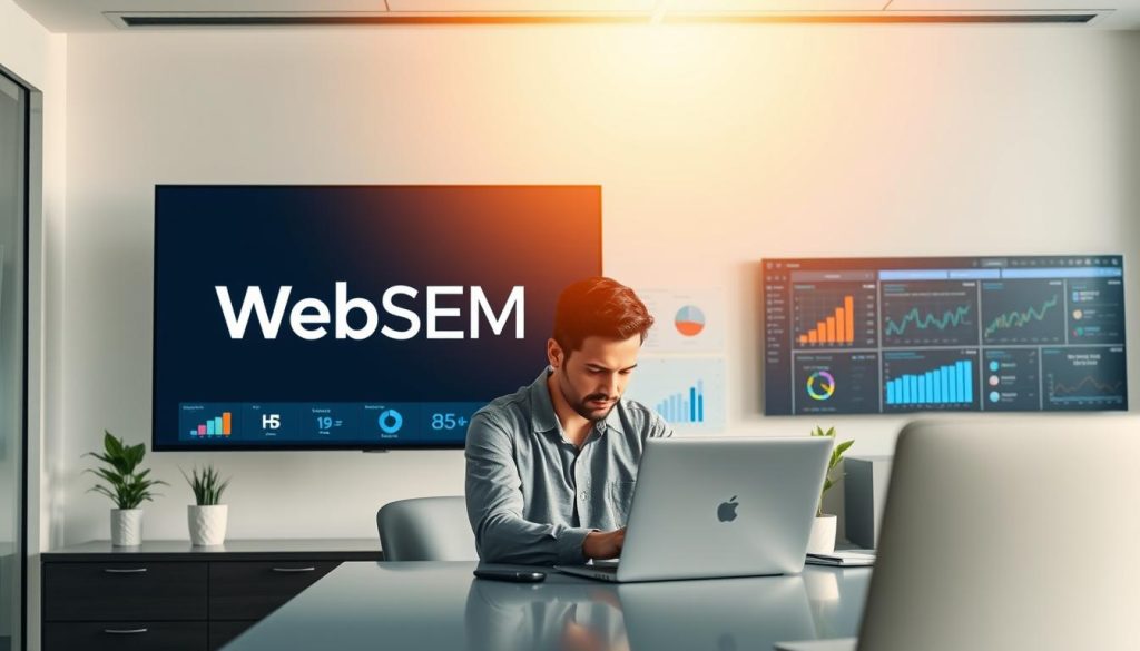 A sleek, modern office setting with a large computer monitor displaying the "WebSEM" brand logo. In the foreground, a professional-looking person is working intently on a laptop, surrounded by various digital marketing tools and analytics dashboards. The lighting is soft and natural, creating a warm, productive atmosphere. The background features minimalist decor and clean lines, emphasizing the technological and innovative nature of the scene. The composition combines the human element with the digital landscape, conveying the seamless integration of WebSEM solutions into a B2B marketing strategy. A sleek, modern office setting with a large computer monitor displaying the "WebSEM" brand logo. In the foreground, a professional-looking person is working intently on a laptop, surrounded by various digital marketing tools and analytics dashboards. The lighting is soft and natural, creating a warm, productive atmosphere. The background features minimalist decor and clean lines, emphasizing the technological and innovative nature of the scene. The composition combines the human element with the digital landscape, conveying the seamless integration of WebSEM solutions into a B2B marketing strategy.