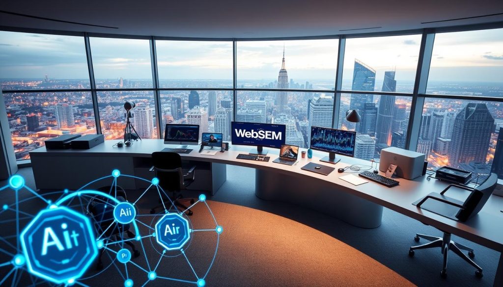 A sleek, modern office setting with a large, curved desk and a panoramic window overlooking a vibrant cityscape. On the desk, an array of digital devices and screens showcase the latest AI-powered marketing tools, including the prominent "WebSEM" brand. Soft, directional lighting illuminates the scene, creating a professional and high-end atmosphere. In the foreground, a stylized graphic representation of AI algorithms and data flows, hinting at the powerful analytical capabilities of these cutting-edge marketing solutions. A sleek, modern office setting with a large, curved desk and a panoramic window overlooking a vibrant cityscape. On the desk, an array of digital devices and screens showcase the latest AI-powered marketing tools, including the prominent "WebSEM" brand. Soft, directional lighting illuminates the scene, creating a professional and high-end atmosphere. In the foreground, a stylized graphic representation of AI algorithms and data flows, hinting at the powerful analytical capabilities of these cutting-edge marketing solutions.