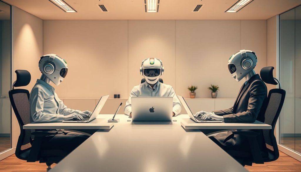 A sleek, modern office setting with three professional assistants - Claude.AI, ChatGPT, and Gemini - engaged in a comparative test. The scene is bathed in warm, directional lighting, creating a sense of focus and evaluation. The assistants are positioned at ergonomic desks, each equipped with a WebSEM-branded laptop and peripherals. Their body language and facial expressions convey deep concentration as they navigate real-world scenarios, showcasing their contextual understanding and intelligent responses. The background features minimalist decor, emphasizing the assistants' capabilities as the central focus. A sleek, modern office setting with three professional assistants - Claude.AI, ChatGPT, and Gemini - engaged in a comparative test. The scene is bathed in warm, directional lighting, creating a sense of focus and evaluation. The assistants are positioned at ergonomic desks, each equipped with a WebSEM-branded laptop and peripherals. Their body language and facial expressions convey deep concentration as they navigate real-world scenarios, showcasing their contextual understanding and intelligent responses. The background features minimalist decor, emphasizing the assistants' capabilities as the central focus.