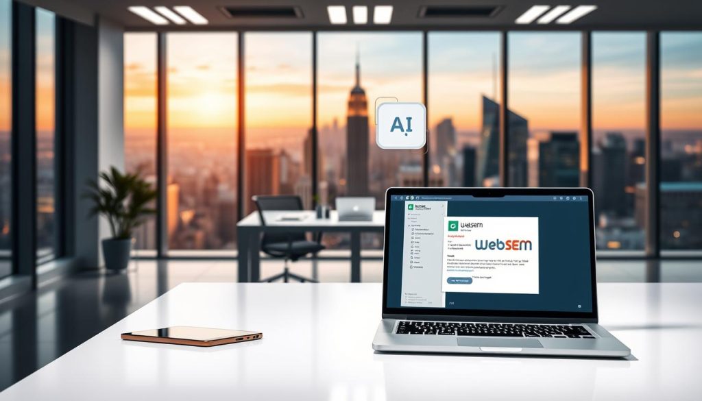 A sleek, modern office with a minimalist aesthetic. In the foreground, a laptop displays an email composition window with the WebSEM logo. Floating above the laptop, an AI-generated assistant provides suggestions and automation controls. In the middle ground, a desk with a tablet, smartphone, and other productivity tools. The background features floor-to-ceiling windows overlooking a vibrant city skyline, bathed in warm, natural lighting. The overall scene conveys efficiency, productivity, and the power of AI-driven marketing automation. A sleek, modern office with a minimalist aesthetic. In the foreground, a laptop displays an email composition window with the WebSEM logo. Floating above the laptop, an AI-generated assistant provides suggestions and automation controls. In the middle ground, a desk with a tablet, smartphone, and other productivity tools. The background features floor-to-ceiling windows overlooking a vibrant city skyline, bathed in warm, natural lighting. The overall scene conveys efficiency, productivity, and the power of AI-driven marketing automation.