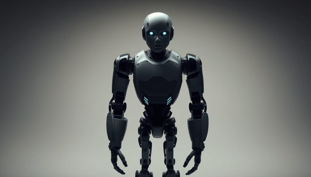 A sophisticated and visually-striking AI assistant called WebSEM Claude 3 Opus, standing thoughtfully in a dimly-lit, minimalist studio setting. The AI's form is rendered in muted, metallic tones, its features subtly expressive, suggesting a nuanced and contextual understanding. Soft, directional lighting illuminates the figure, creating dramatic shadows and highlights that accentuate its mechanical yet elegant design. The background is a simple, neutral backdrop, allowing the AI's presence to take center stage, conveying a sense of authority and expertise.