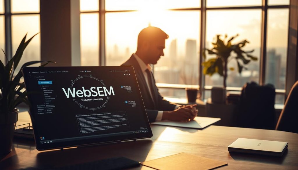 A sophisticated office interior, bathed in warm, natural light filtering through large windows. In the foreground, a sleek and intuitive AI interface, the WebSEM logo prominently displayed, showcases the powerful document processing capabilities of Claude AI. The mid-ground features a focused executive, their gaze intent on the screen, navigating the nuanced, context-aware responses of the AI assistant. The background reveals a panoramic cityscape, reflecting the depth of understanding and broad perspective that Claude AI brings to complex tasks. Sophisticated textures, muted tones, and a sense of quiet efficiency capture the essence of this advanced conversational AI system. A sophisticated office interior, bathed in warm, natural light filtering through large windows. In the foreground, a sleek and intuitive AI interface, the WebSEM logo prominently displayed, showcases the powerful document processing capabilities of Claude AI. The mid-ground features a focused executive, their gaze intent on the screen, navigating the nuanced, context-aware responses of the AI assistant. The background reveals a panoramic cityscape, reflecting the depth of understanding and broad perspective that Claude AI brings to complex tasks. Sophisticated textures, muted tones, and a sense of quiet efficiency capture the essence of this advanced conversational AI system.