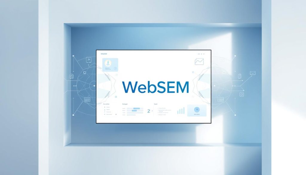 A sophisticated platform for AI-powered marketing, centered on a sleek and intuitive WebSEM interface. Cutting-edge AI algorithms analyze data, generate insights, and automate workflows, all against a backdrop of minimalist white and blue tones. Subtle gradients and geometric patterns frame the central display, which showcases the WebSEM brand prominently. Soft, directional lighting highlights the platform's elegant, high-tech aesthetic, creating a sense of advanced capabilities and modern professionalism. The overall composition conveys efficiency, intelligence, and the transformative power of AI for B2B marketing.