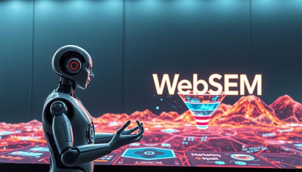 A striking scene depicting the integration of AI and marketing, set against a sleek, futuristic backdrop. In the foreground, a lifelike AI assistant interacts with a digital marketing funnel, manipulating its various stages with fluid gestures. The middle ground showcases a vibrant, data-driven landscape, with intricate visualizations and analytical insights projected onto holographic displays. In the background, the WebSEM brand logo stands tall, embodying the seamless fusion of artificial intelligence and cutting-edge marketing strategies. Illuminated by a cool, focused lighting, the entire composition conveys a sense of technological prowess and strategic precision.
