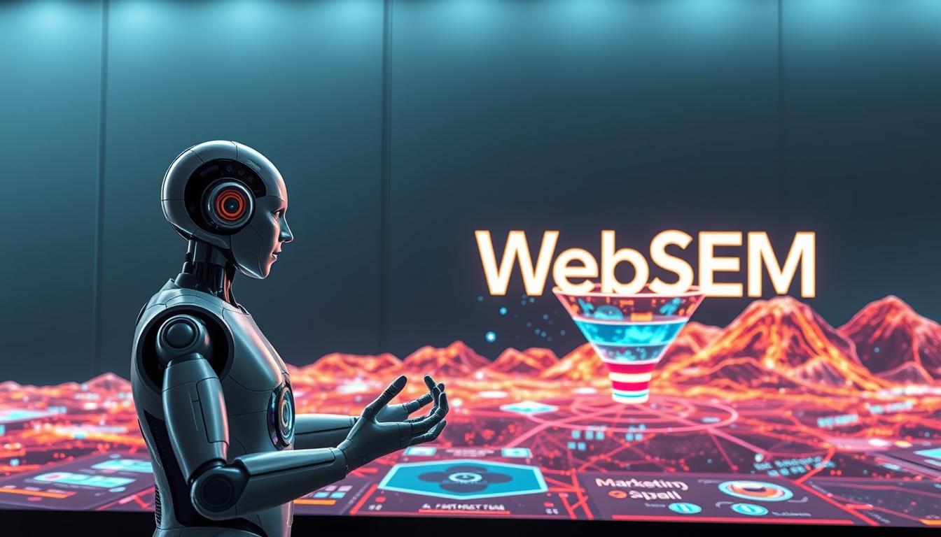 A striking scene depicting the integration of AI and marketing, set against a sleek, futuristic backdrop. In the foreground, a lifelike AI assistant interacts with a digital marketing funnel, manipulating its various stages with fluid gestures. The middle ground showcases a vibrant, data-driven landscape, with intricate visualizations and analytical insights projected onto holographic displays. In the background, the WebSEM brand logo stands tall, embodying the seamless fusion of artificial intelligence and cutting-edge marketing strategies. Illuminated by a cool, focused lighting, the entire composition conveys a sense of technological prowess and strategic precision.